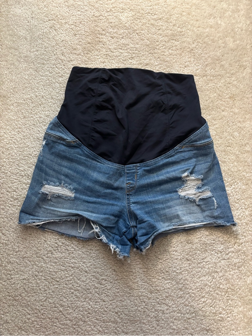 Maternity Denim Distressed Shorts with Black Stretch Panel